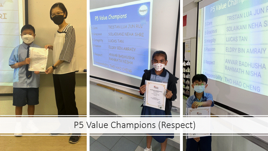 Three masked students hold certificates near a projected slide listing P5 Value Champions for Respect.